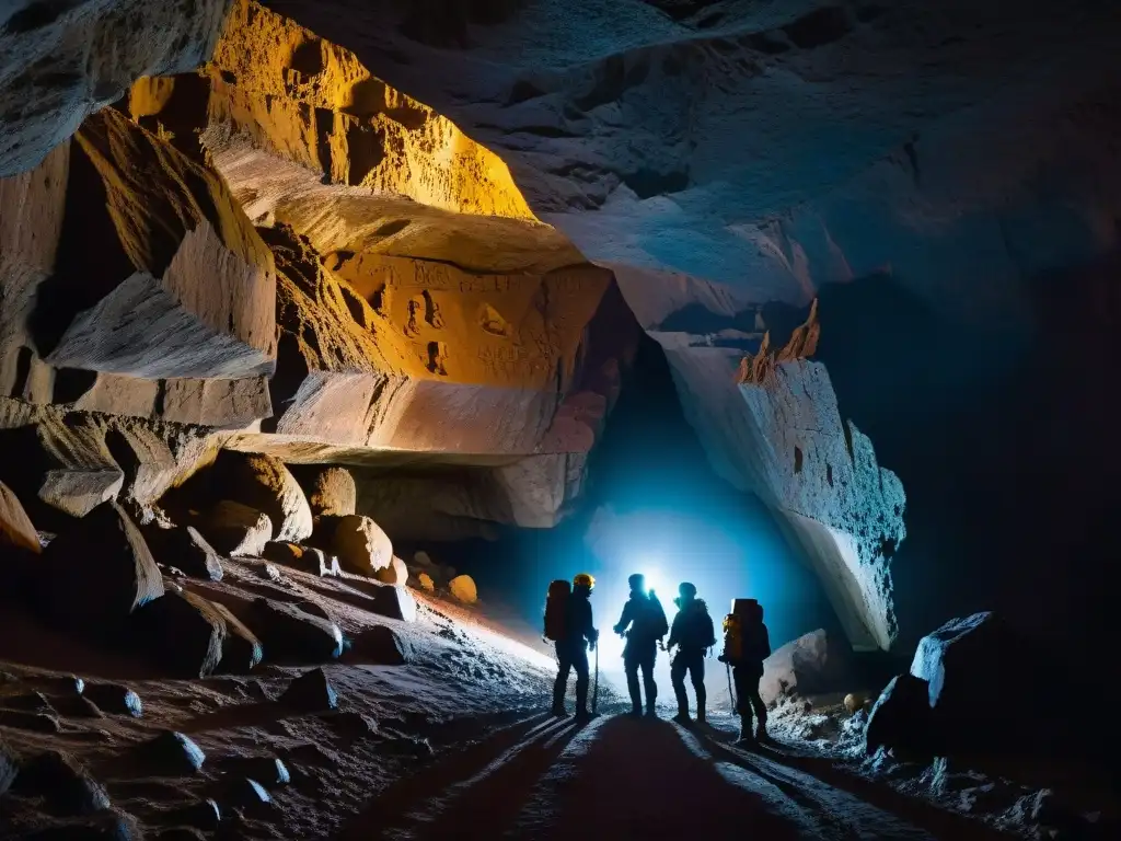 Exploradores en cueva helada: misterio en la tierra subterránea Exploradores en cueva helada, iluminando símbolos misteriosos