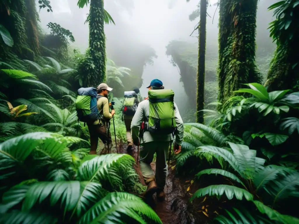 Exploradores intrépidos en la jungla: cámaras resistentes a la naturaleza Exploradores equipados con cámaras resistentes al agua y polvo, avanzan con determinación en la densa selva mistica