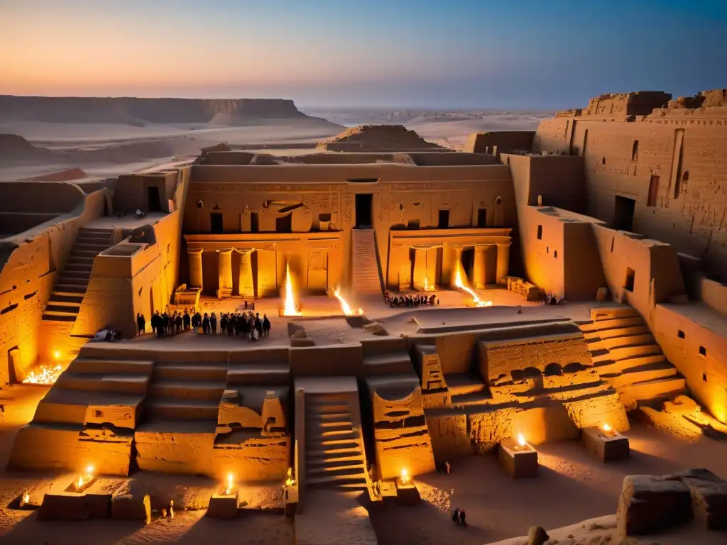 Excavación en Hawara: misterio y maravilla al atardecer Exploradores iluminan laberinto egipcio Hawara al anochecer, revelando jeroglíficos en piedra