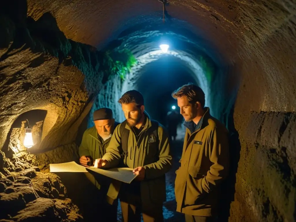 Exploradores desafiando trampas en pasadizos subterráneos de Oak Island Exploradores descubren misterios de Oak Island en túnel subterráneo oscuro, lleno de trampas y símbolos antiguos