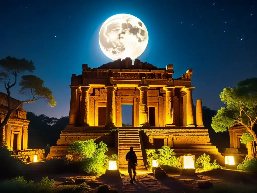 Ruinas ancestrales: exploradores en la noche estrellada Exploradores nocturnos descubren civilizaciones perdidas bajo la luz de la luna