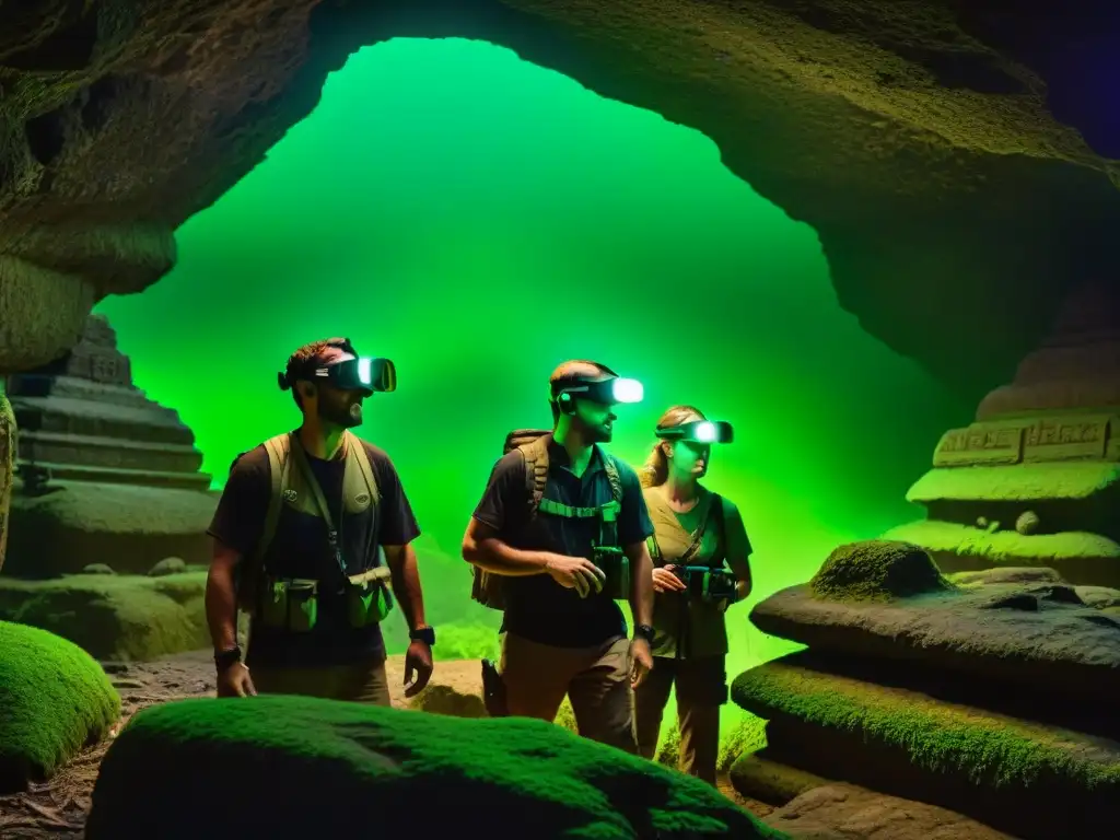 Descubrimiento nocturno de ruinas antiguas: exploradores en la jungla Exploradores nocturnos desvelan civilizaciones perdidas en la densa jungla, guiados por la luz verde de sus gafas de visión nocturna