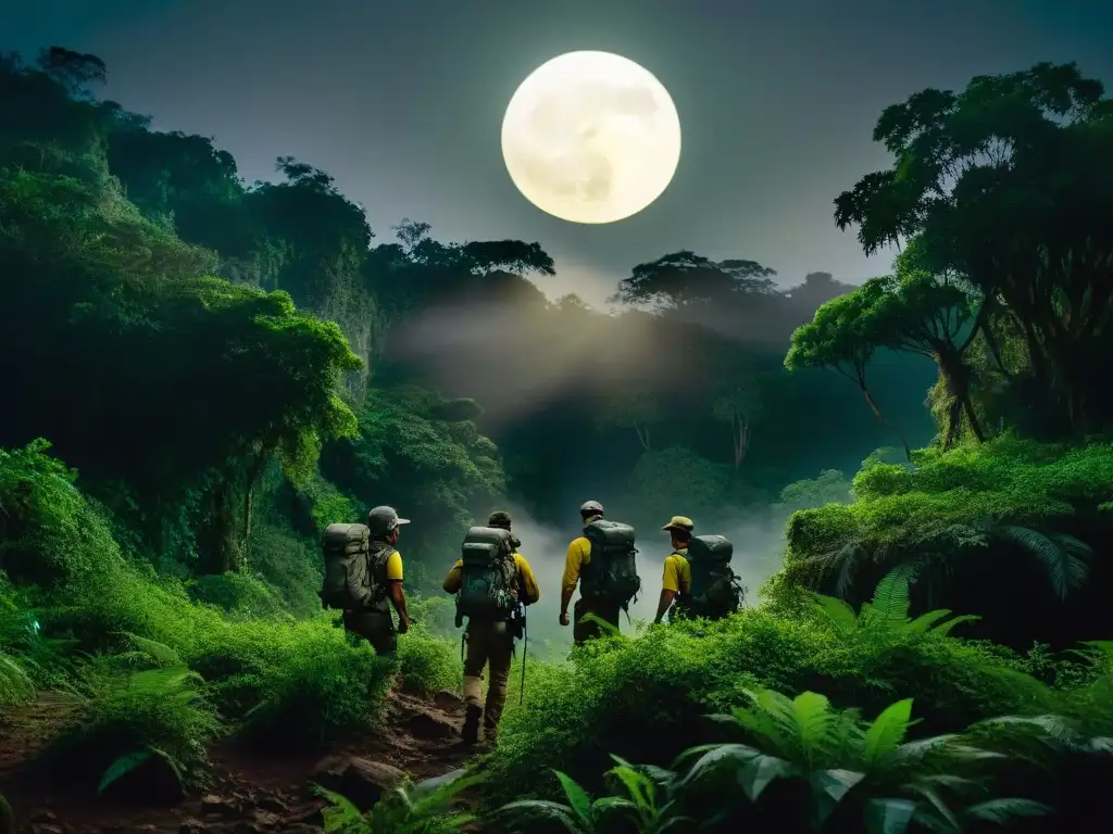 Exploradores en la selva: Misterios bajo la luna llena Exploradores nocturnos descubriendo civilizaciones perdidas en la selva misteriosa bajo la luz de la luna