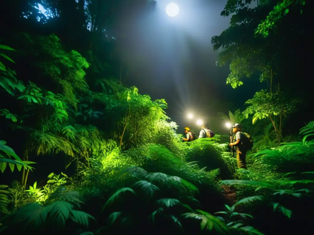 Exploradores descubriendo ruinas ancestrales en la jungla de noche Exploradores nocturnos descubriendo civilizaciones perdidas en la densa jungla