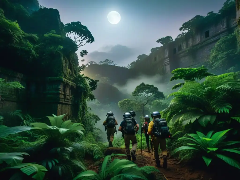 Exploradores en la selva: descubrimiento de ruinas ancestrales Exploradores nocturnos en ruinas de civilizaciones perdidas bajo la luna en la jungla misteriosa
