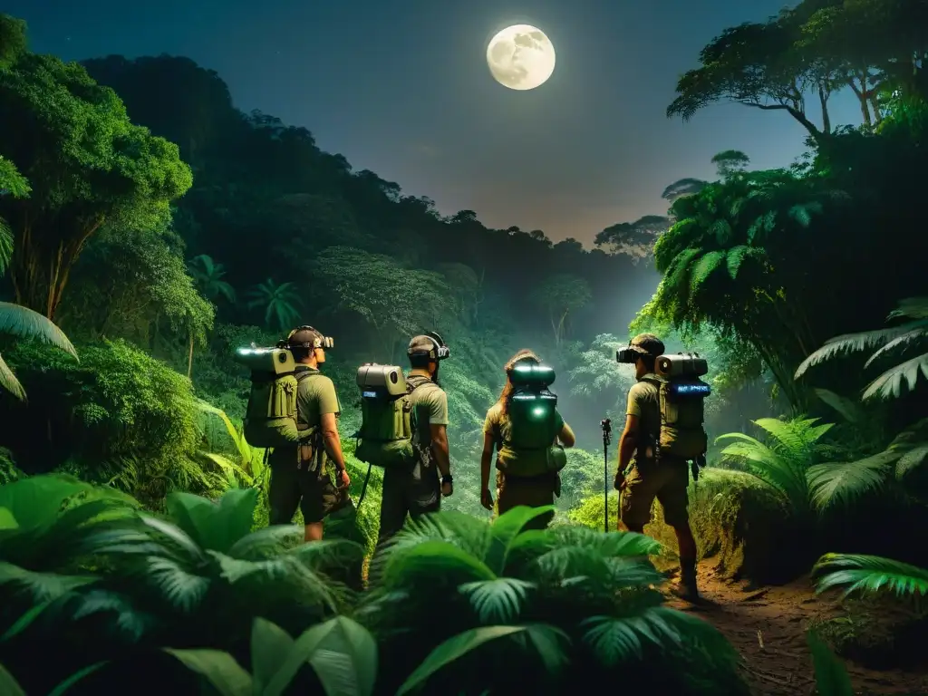 Exploradores en la jungla nocturna: misterio y descubrimiento Exploradores nocturnos en la selva de civilizaciones perdidas