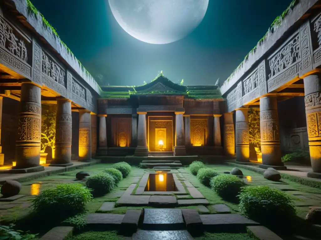 Exploración nocturna en templo antiguo: misterio y aventura Exploradores nocturnos en templo antiguo de civilizaciones perdidas