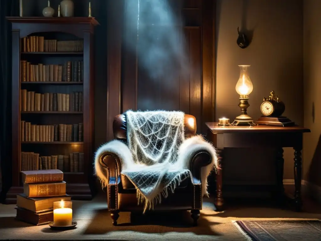 Sala encantada: presencia espectral sobre silla de madera Un fantasmal salón oscuro con muebles antiguos cubiertos de telarañas