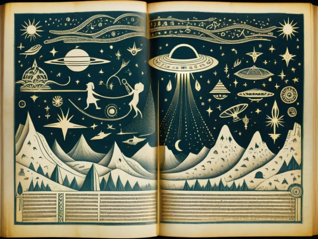Descubre la fascinante conexión extraterrestre ciencia ficción en un antiguo manuscrito lleno de misteriosas ilustraciones y símbolos