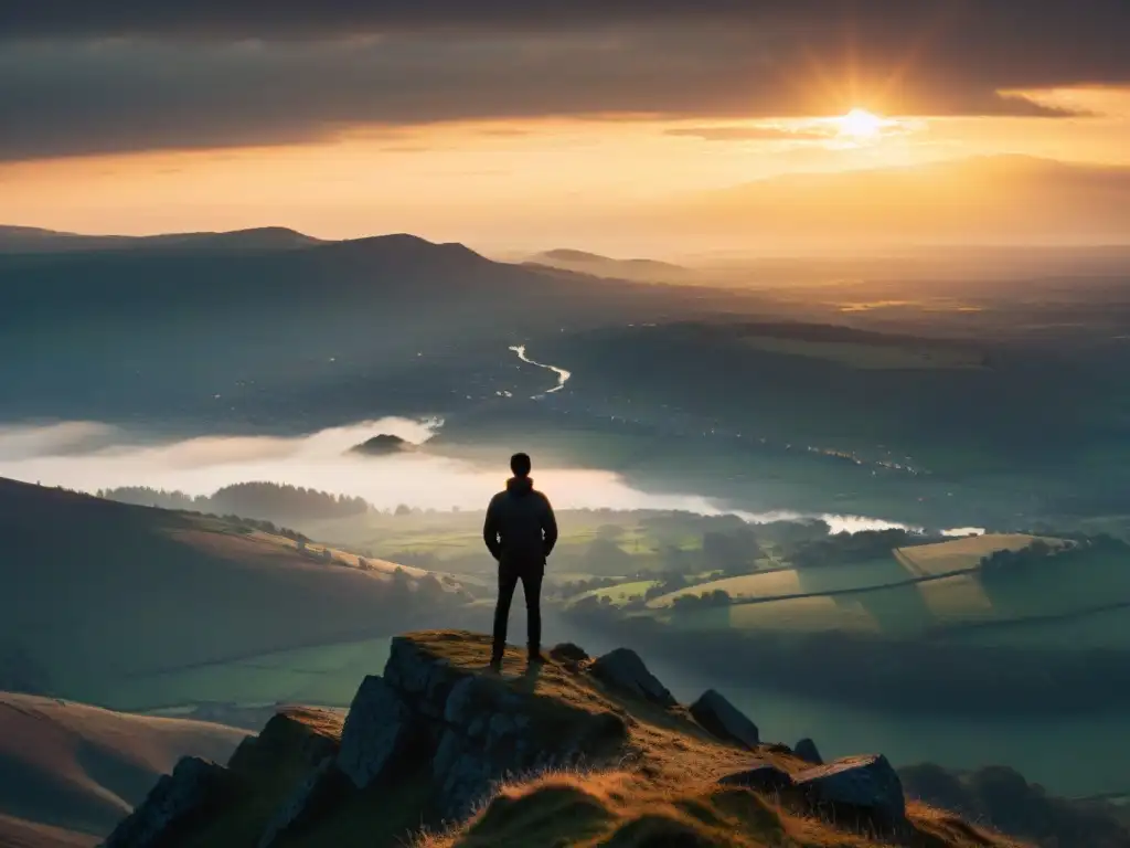 Figura en acantilado contemplando valle neblinoso al atardecer, transmitiendo capacidad de visión remota