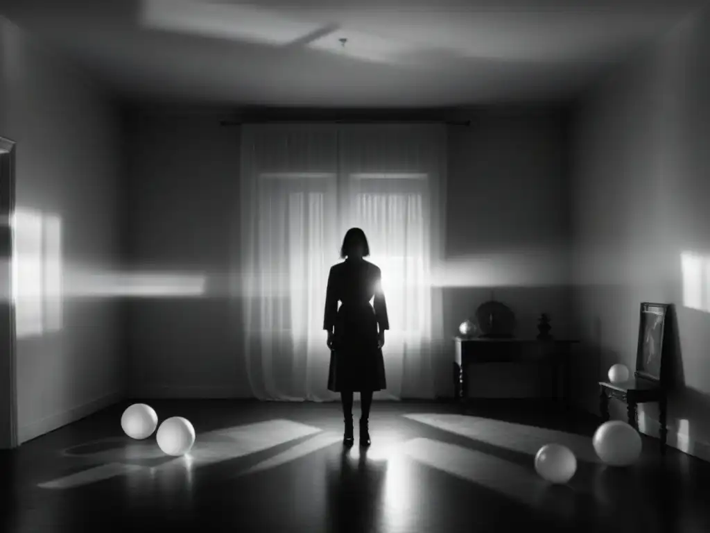 Sombra misteriosa en habitación tenebrosa Figura fantasmal en habitación oscura con objetos levitando, evocando misterio y el impacto poltergeist en familias