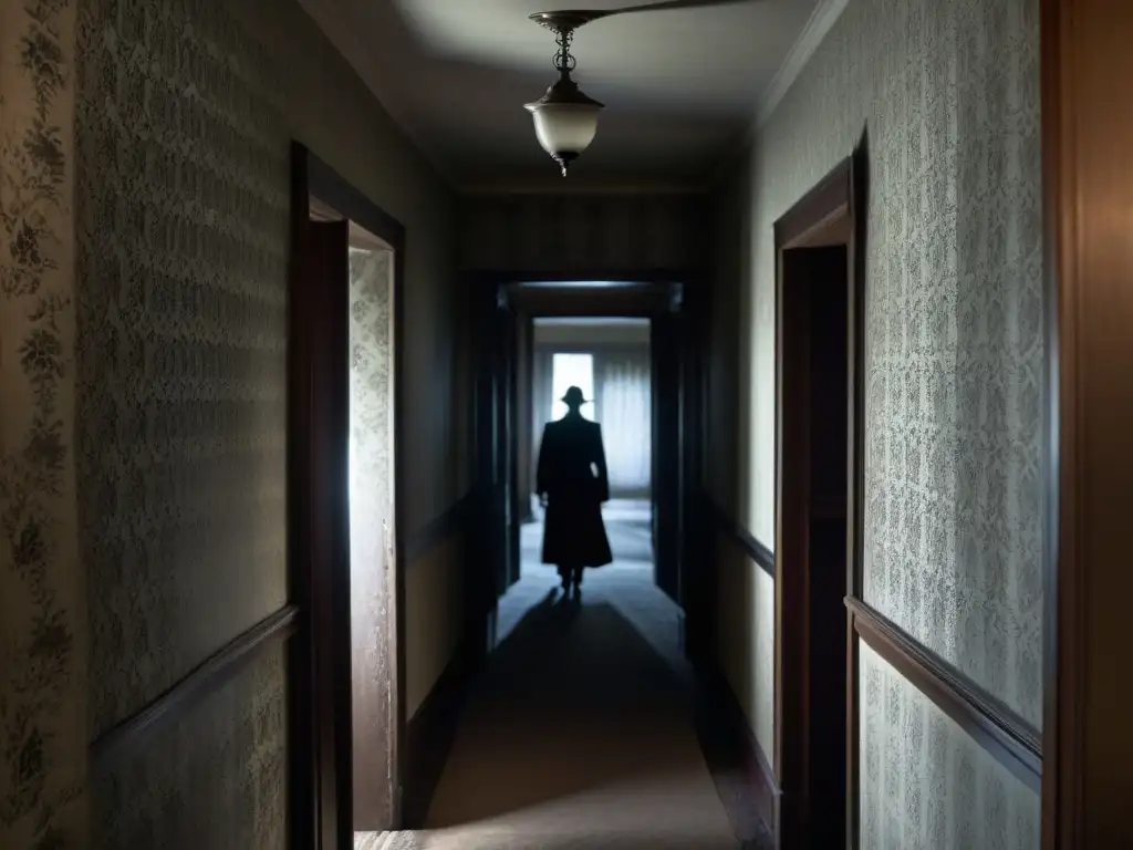 Figura fantasmal en pasillo sombrío de Casa Lafayette Guerra