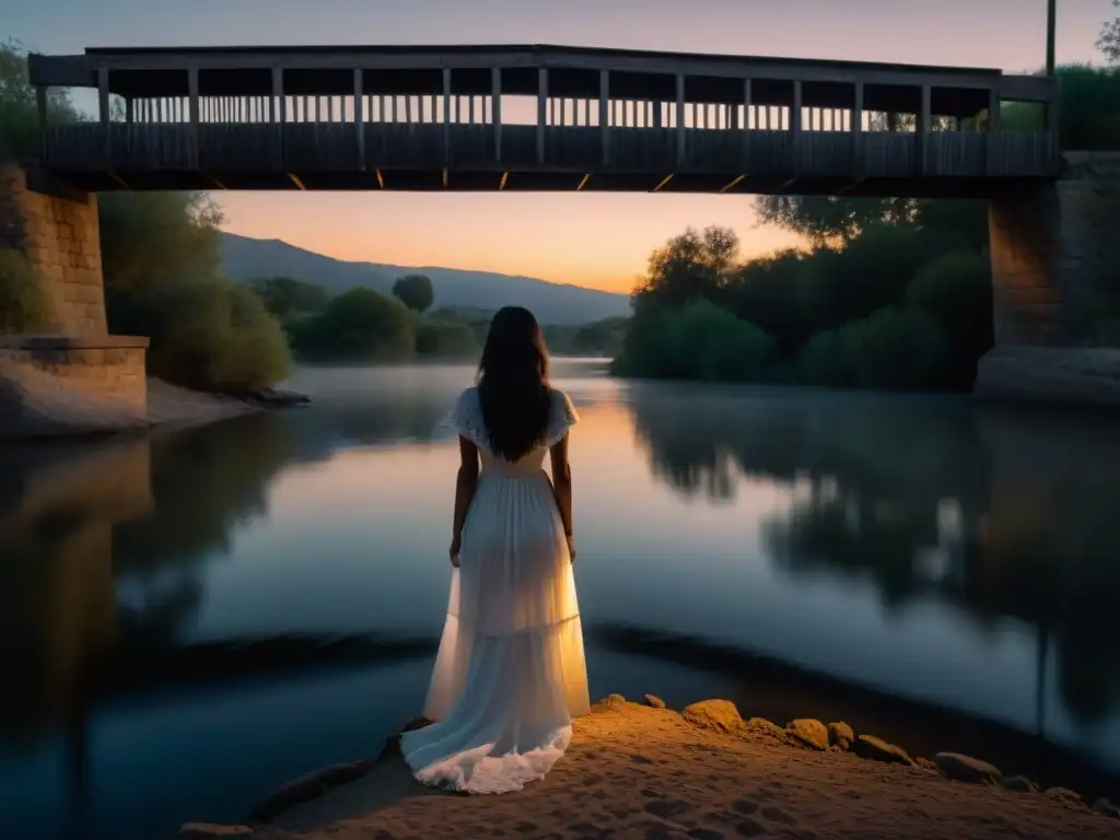La Llorona: misterio en el puente al anochecer Figura fantasmal en puente neblinoso al atardecer, evocando la maldición de La Llorona