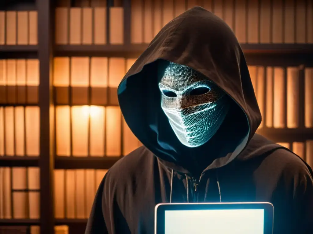 Conspiración pandémica: sombra en la oscuridad Figura misteriosa en capa con pantalla de teorías conspiración pandemias históricas en cuarto sombrío