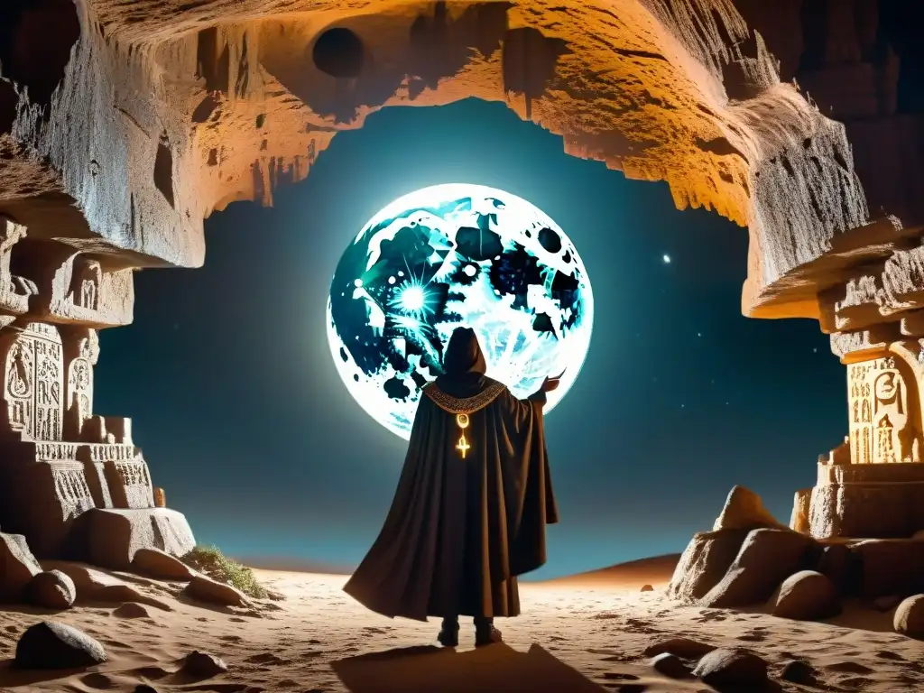 Guardián lunar revela misterios ancestrales Figura misteriosa señalando entrada de cueva lunar con descubrimientos secretos en el mundo de la Luna