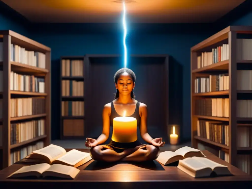 Figura misteriosa en meditación con libros sobre proyección astral y símbolos esotéricos en una habitación oscura