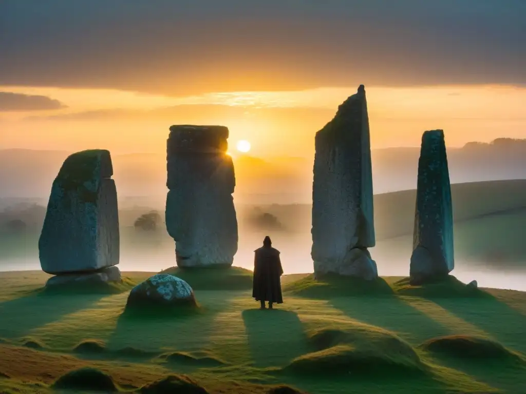 Guardianes de piedra: misterio en la niebla al amanecer Figura misteriosa estudia construcción megalítica, piedras vivas en atmósfera de antigua sabiduría y poder enigmático