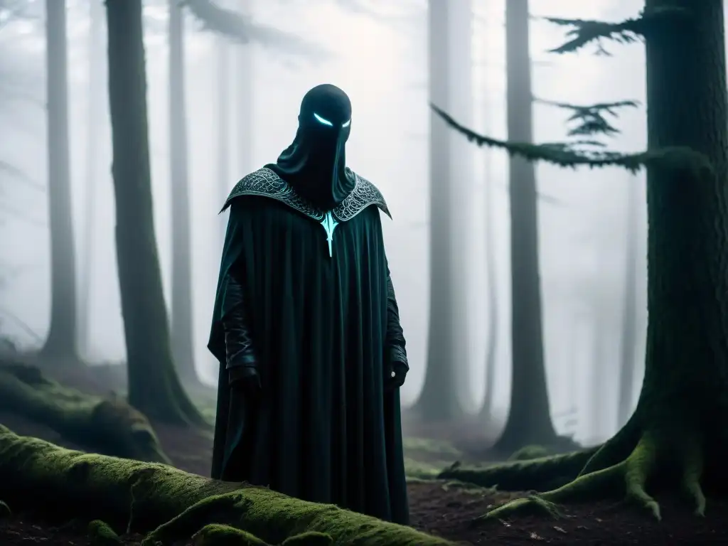 Una figura misteriosa con ojos brillantes en los bosques neblinosos de Gévaudan