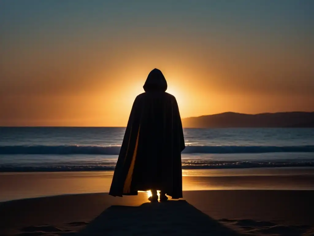Figura misteriosa en la playa desierta al atardecer, mirando al oscuro océano