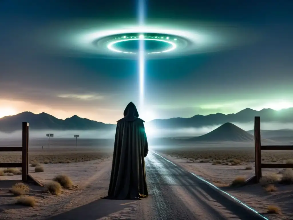 Figura misteriosa junto a las puertas de Area 51, enigmático y sobrenatural Figura misteriosa en las puertas de Area 51, entre niebla y luces alienígenas