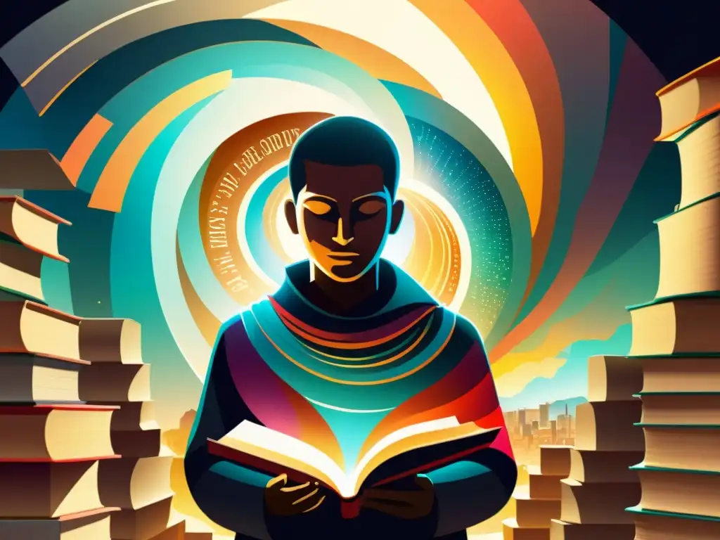 Figura misteriosa en remolino de libros: la complejidad del lenguaje Ilustración de una figura misteriosa rodeada de libros en un remolino de colores, simbolizando la complejidad de la adquisición instantánea de idiomas