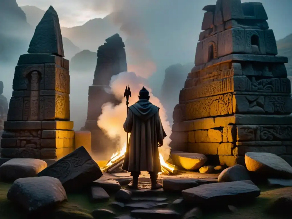 Figura misteriosa entre ruinas antiguas: quill pen y mistery Figura misteriosa entre ruinas antiguas, rodeada de antorchas y símbolos, inspirando escritores leyendas misterios ancestrales