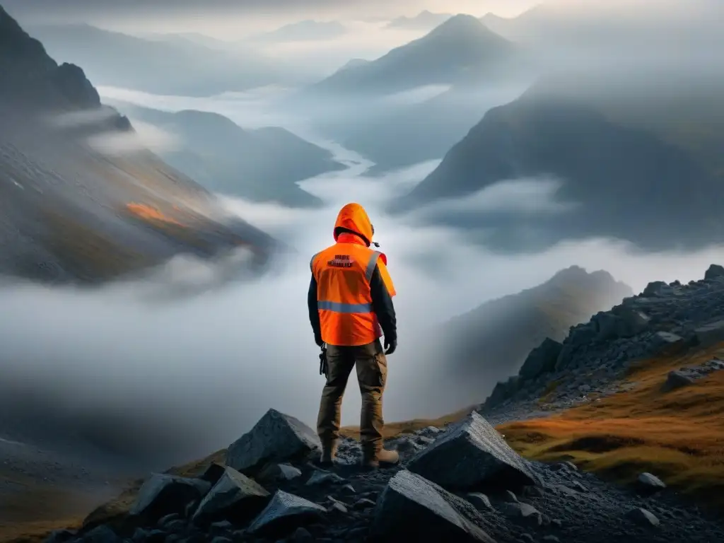 Figura solitaria en la niebla de un paisaje montañoso, con chaleco naranja de emergencia, destaca en la soledad
