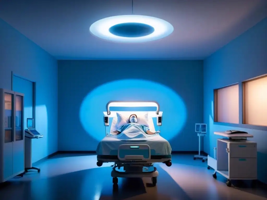 Una figura sombría se cierne sobre una cama de hospital, con paciente inerte y equipo médico, iluminados por una misteriosa luz azul