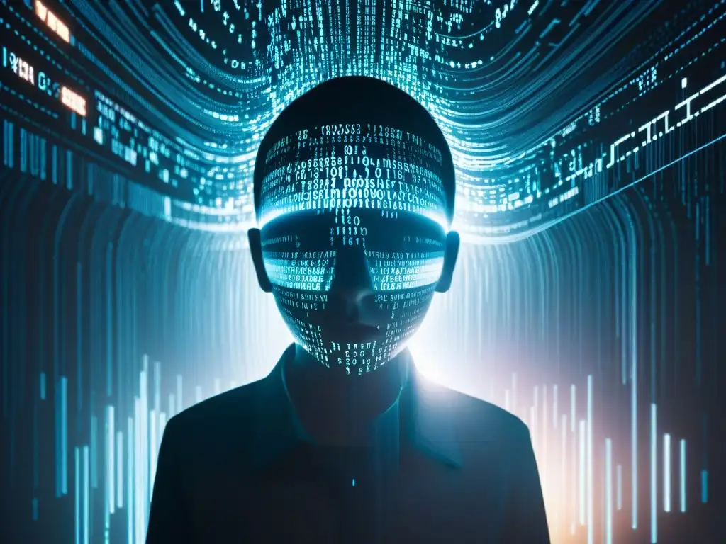 Entidad digital sobrenatural emerge de la pantalla Figura sombría emerge de pantalla con ojos brillantes en atmósfera de códigos y fenómenos paranormales