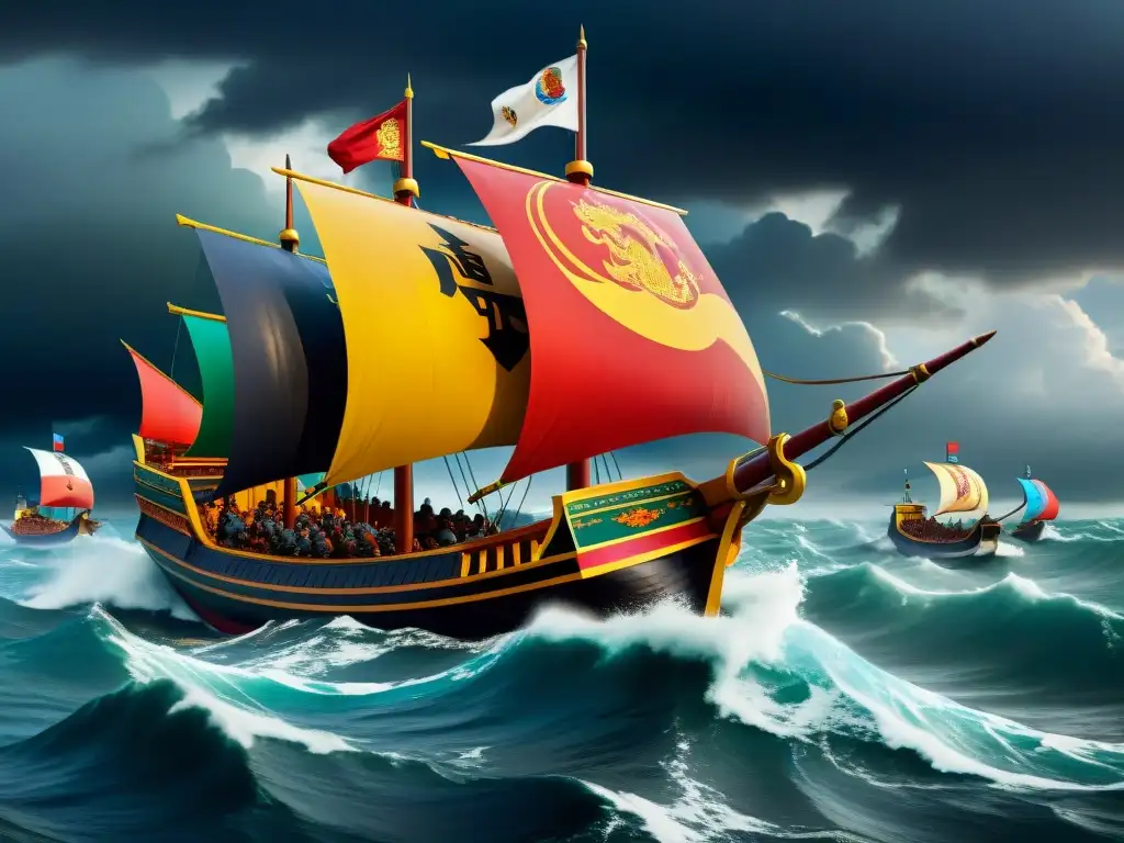 La flota de Kublai Khan en tormenta: misterio y poder en alta mar Flota de Kublai Khan desafiando el misterio de las aguas japonesas en tormenta