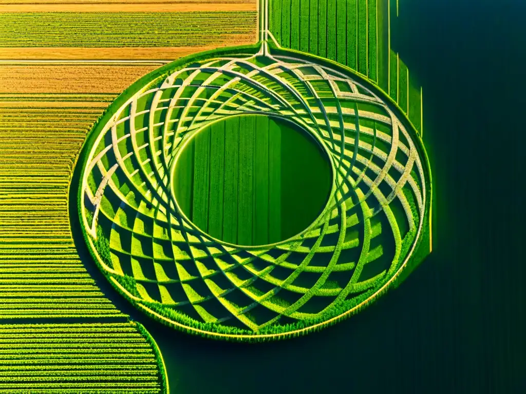 Formación de crop circles: misterio y precisión en campo de trigo Formación de círculos de cultivos en campo de trigo, con patrones geométricos precisos y diseño intrincado