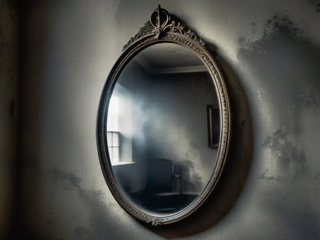 Espejo antiguo en habitación misteriosa Una foto en blanco y negro de un espejo victoriano antiguo colgando torcido en una pared agrietada dentro de una habitación tenue