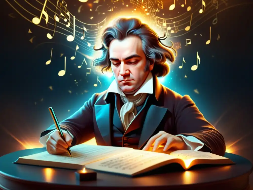 El genio de Beethoven concentrado, rodeado de notas musicales en un aura mística