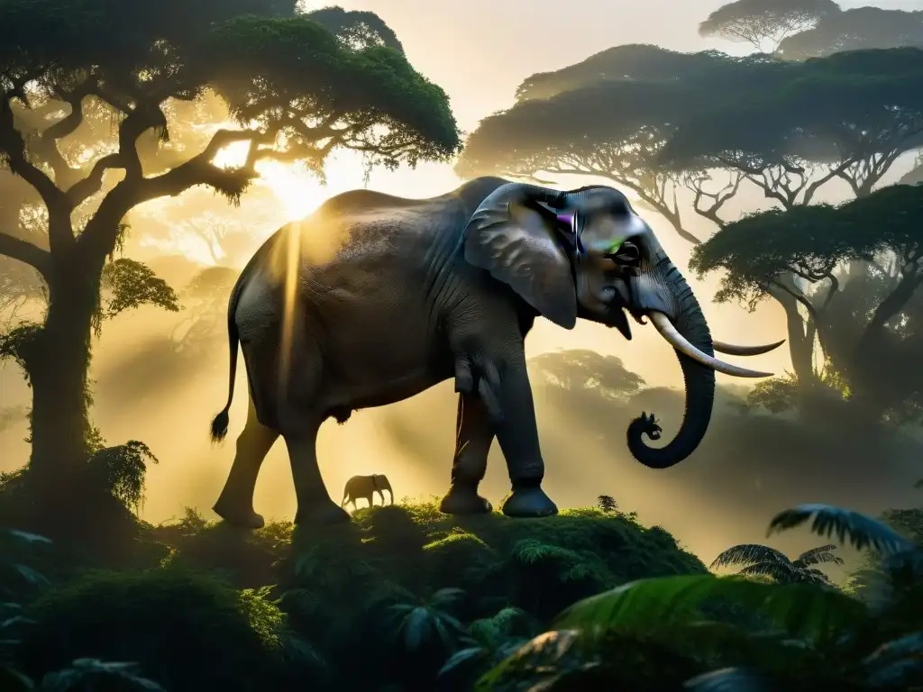Embrujada selva al amanecer: misterio y leyendas en la penumbra Un gigante de Java acecha entre la niebla en la selva, evocando misterios y leyendas antiguas