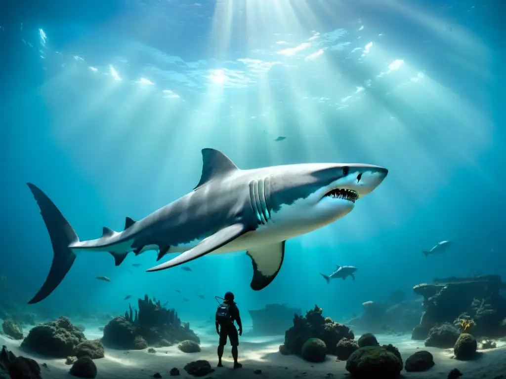 Megalodón en el abismo: vida y misterio marino El gigantesco Megalodón misterioso en abismos, rodeado de criaturas bioluminiscentes y naufragios antiguos en la oscuridad del océano