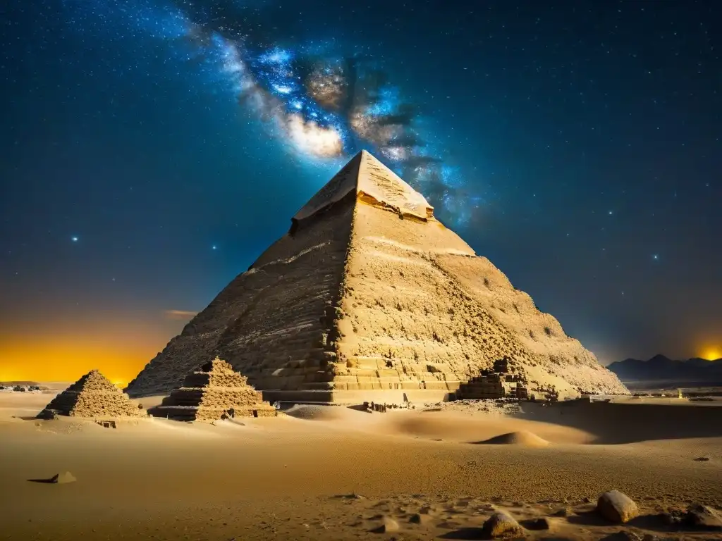 Gran Pirámide de Giza: Misterioso resplandor nocturno La Gran Pirámide de Giza bajo un cielo estrellado, con un brillo misterioso en sus piedras antiguas