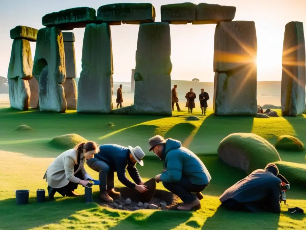 Excavación en Stonehenge: Misterios del pasado al descubierto Grupo de arqueólogos desentrañando misterios en Stonehenge al atardecer