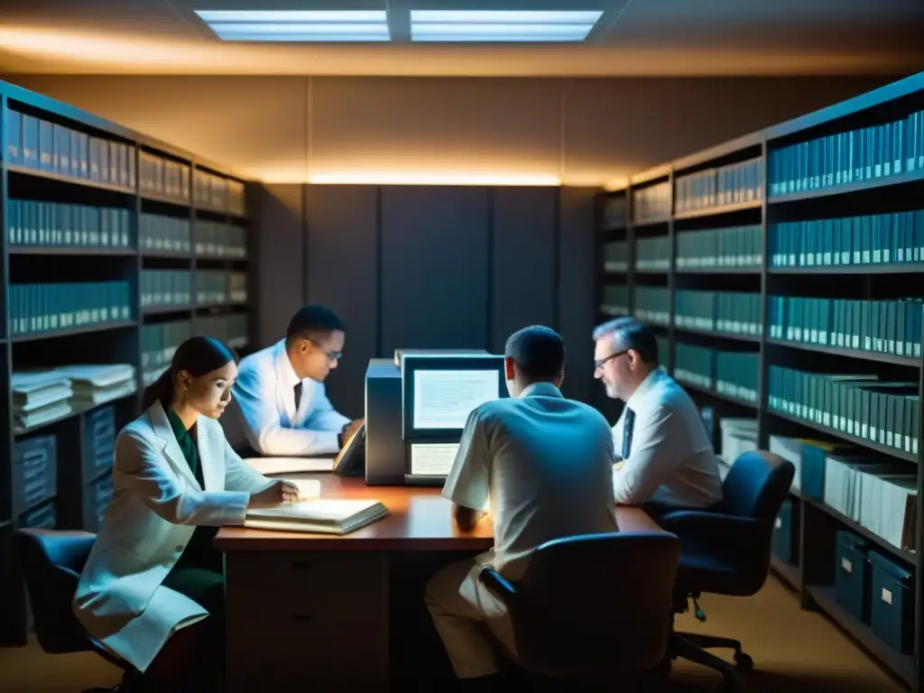 Descifrando secretos: Científicos analizan expedientes OVNI en sala de archivos gubernamentales Grupo de científicos analizando documentos oficiales ovnis desclasificados en sala de archivos gubernamentales
