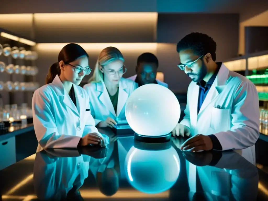 Experimento místico: científicos y la bola de cristal Un grupo de científicos en un laboratorio tenue observando una bola de cristal brillante