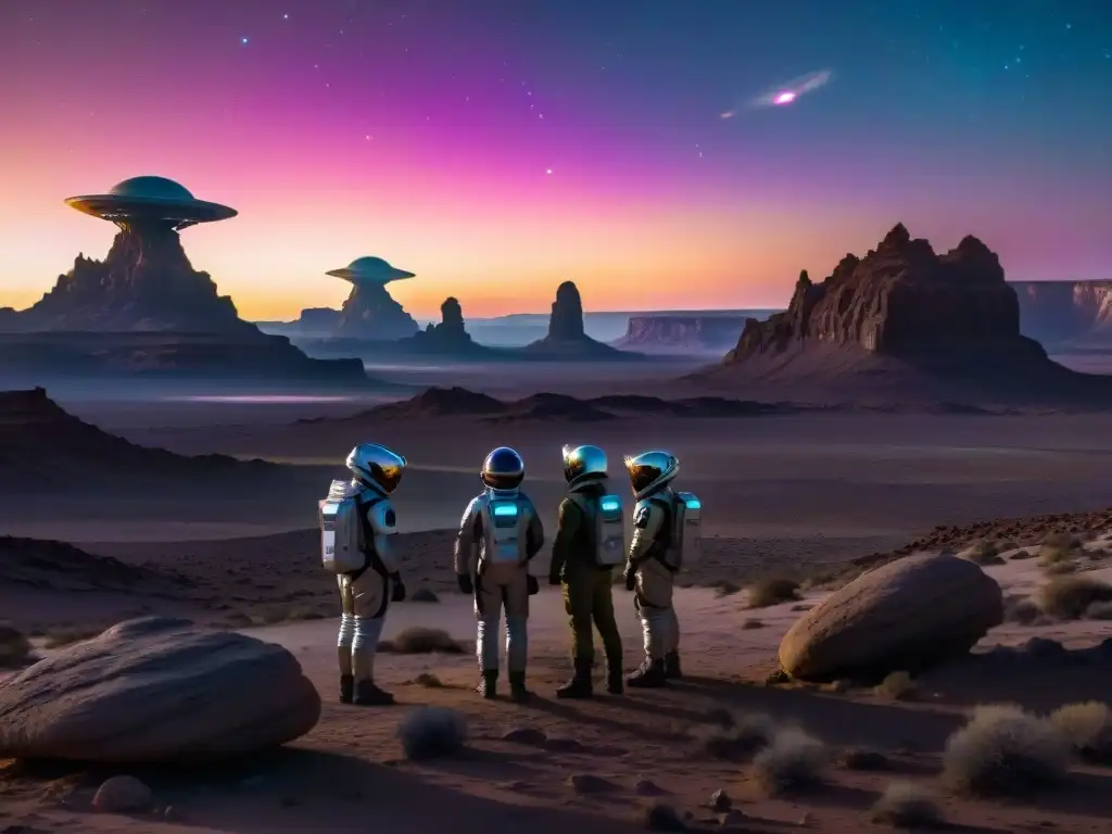 Un grupo de científicos descubre señales extraterrestres ignoradas civilizaciones en un paisaje alienígena iridiscente al anochecer