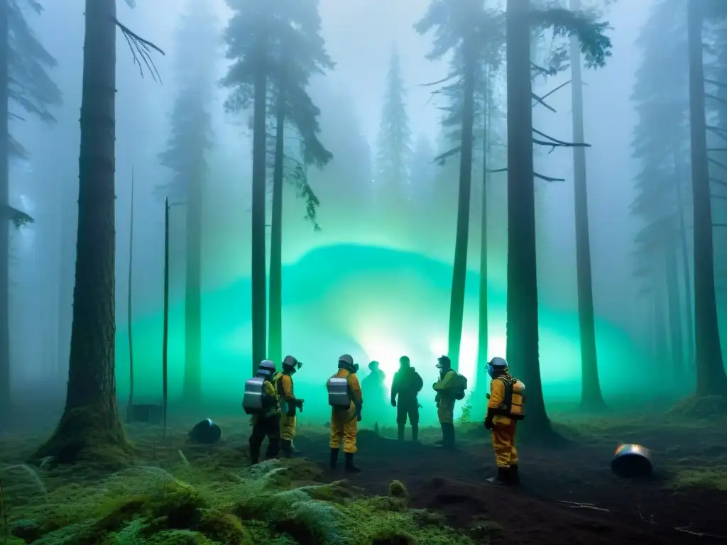 Exploración científica en bosque siberiano: misterio y tecnología alienígena en la neblina Un grupo de científicos en trajes protectores y máscaras de gas examina un objeto metálico en un bosque siberiano, rodeado de misteriosa neblina