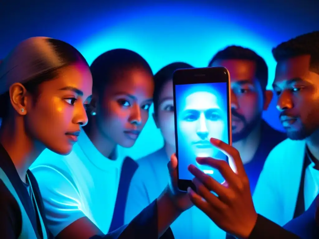Rituales digitales: Fusión de creencias antiguas y tecnología moderna Grupo diverso en círculo alrededor de pantalla brillante de móvil, fusionando supersticiones antiguas con tecnología moderna