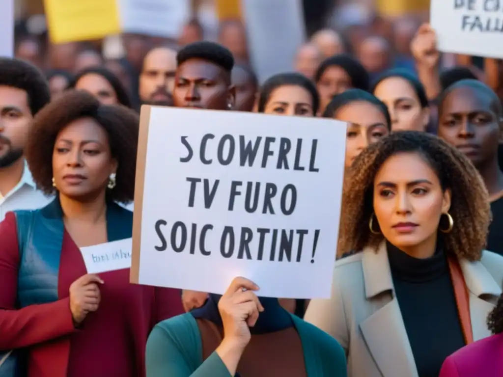 Un grupo diverso desafiando el estigma social al reportar FANI, con carteles y expresiones de determinación en una plaza concurrida