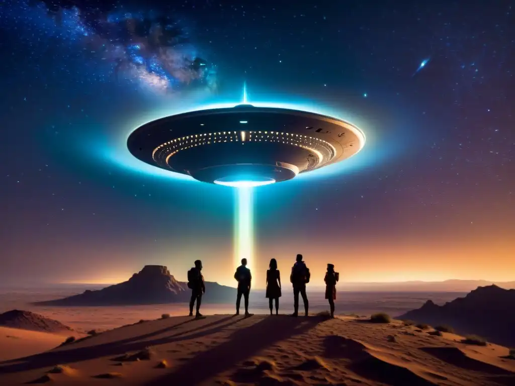 Un grupo diverso contempla maravillado una nave extraterrestre bajo un cielo estrellado en ruinas antiguas