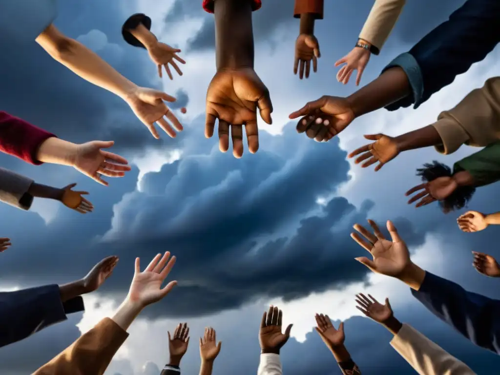 Un grupo diverso de personas se une frente a la catástrofe global, reflejando esperanza y determinación