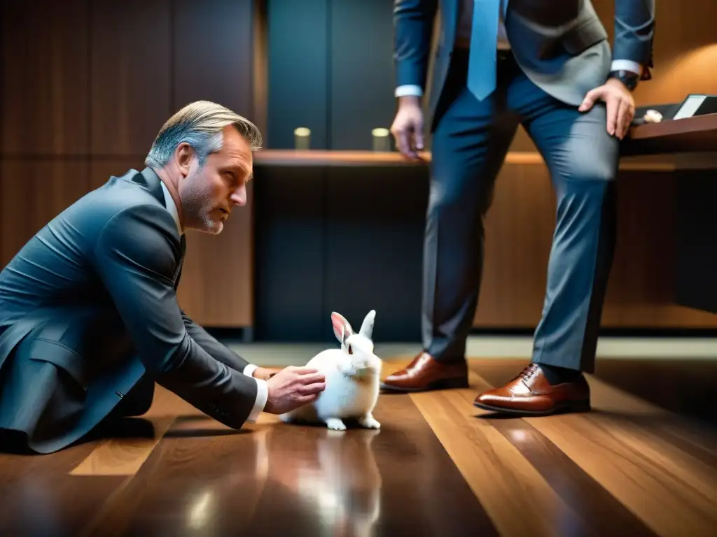 Grupo de ejecutivos en una sala de juntas, realizando rituales supersticiosos antes de una importante reunión de negocios