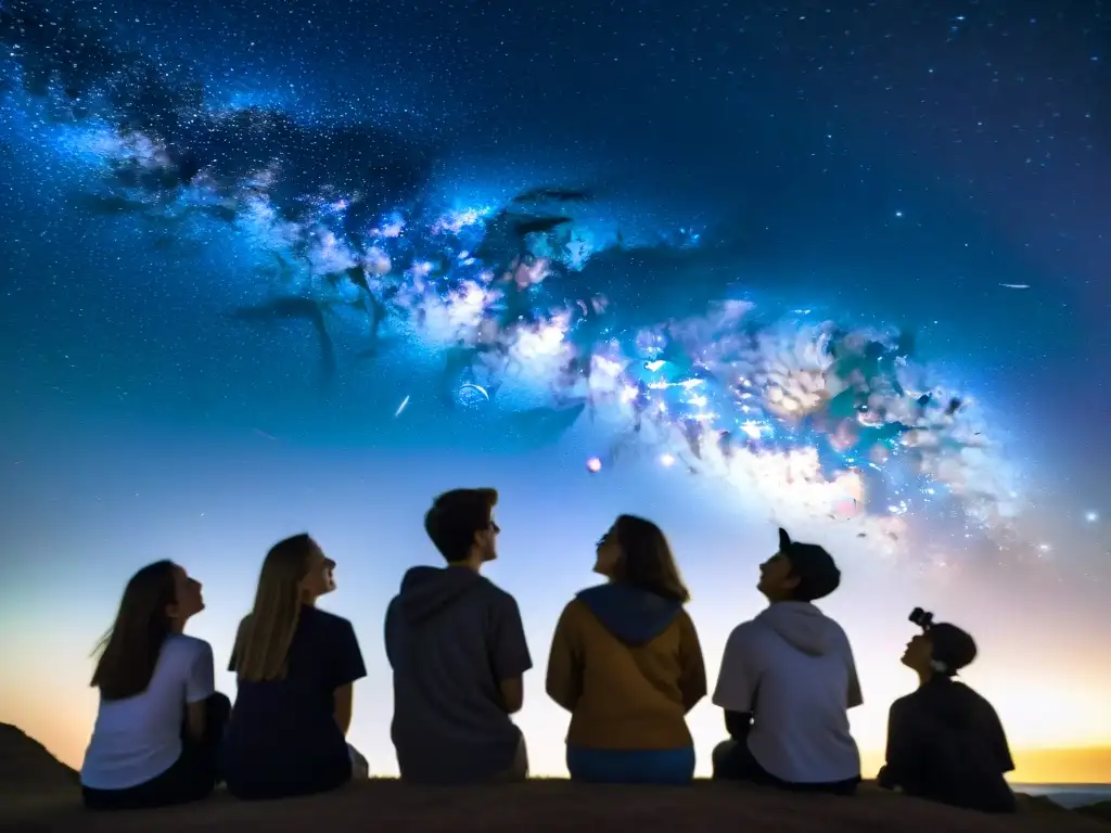 Un grupo de estudiantes maravillados observa a través de un telescopio la conexión extraterrestre ciencia ficción en una noche estrellada