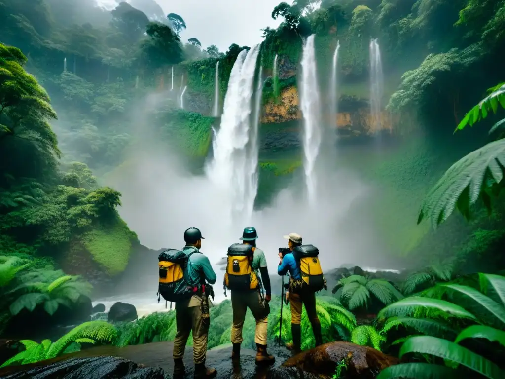 Exploradores equipados en la selva: aventura extrema Un grupo de exploradores con cámaras resistentes al agua y polvo, se aventuran en un misterioso y húmedo bosque