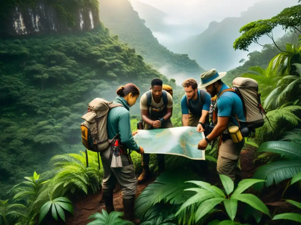 Exploradores en la jungla: misterio y determinación Un grupo de exploradores en la jungla, con mapa y equipo, listos para descubrir secretos