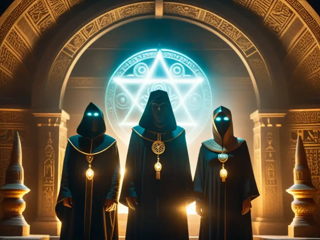 Un grupo de figuras en capuchas reverencia un símbolo etéreo en un templo místico